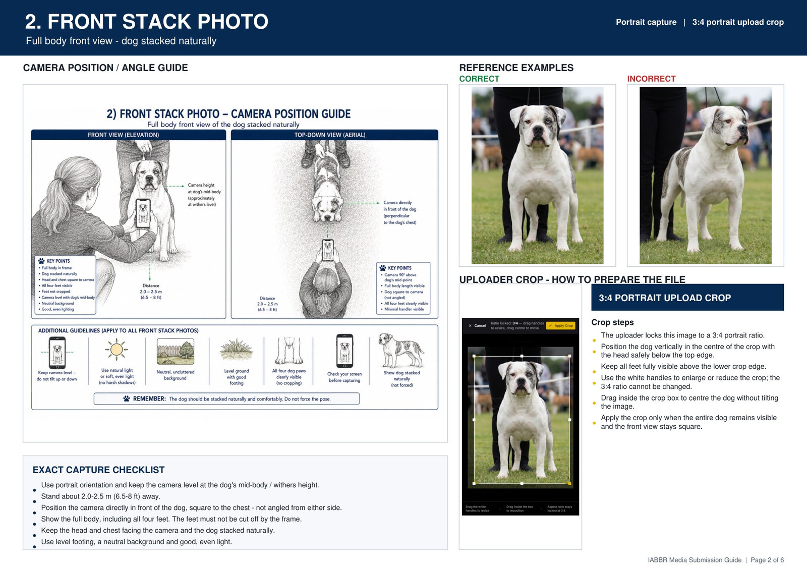 IABBR front stack photo guide showing portrait camera position, correct and incorrect examples, crop instructions and capture checklist